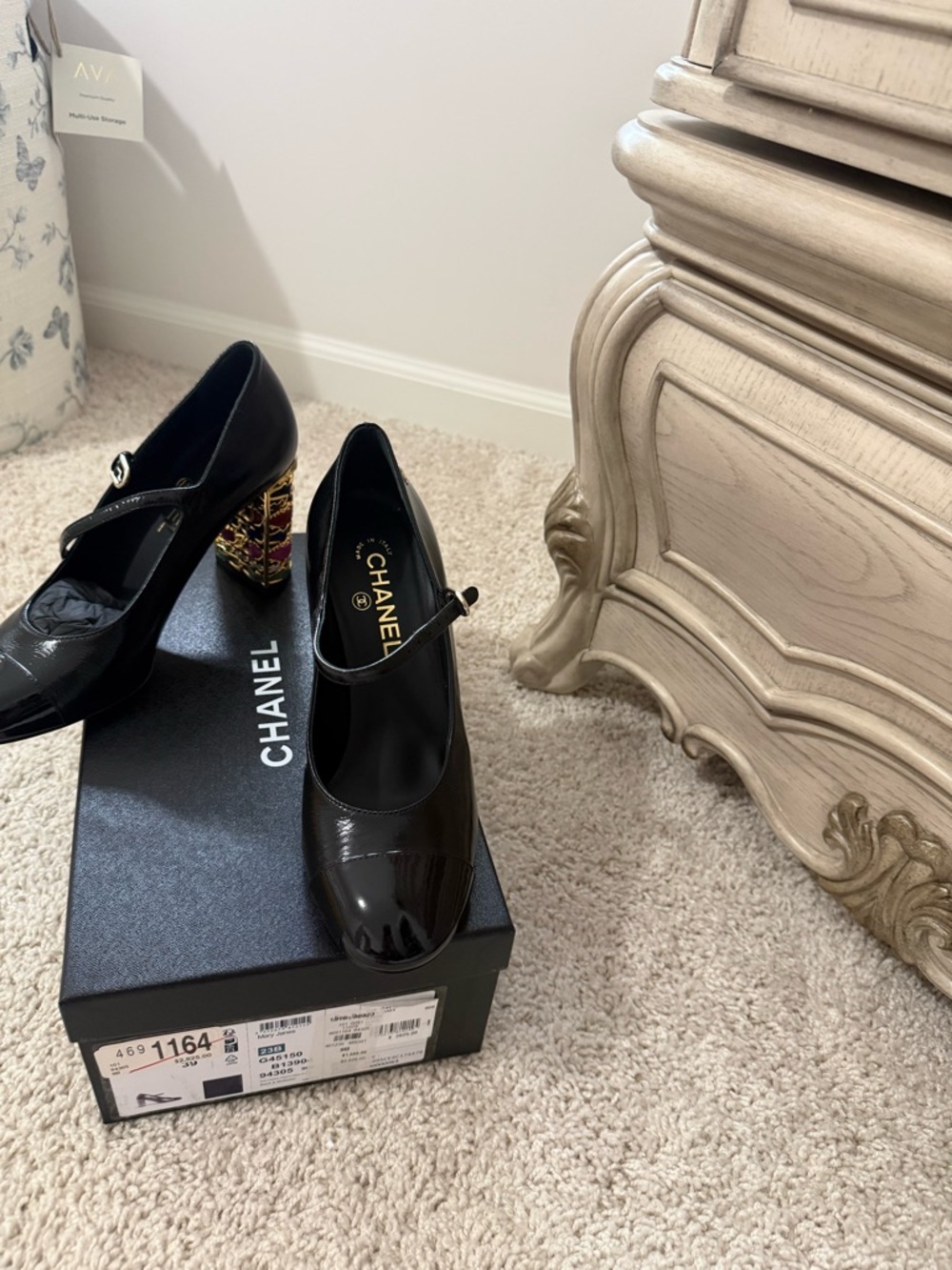 CHANEL Black Patent Mary Jane Pumps with Multicolor Embellished Block Heel